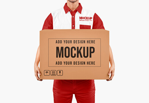 Box in Delivery Man's Hands Mockup