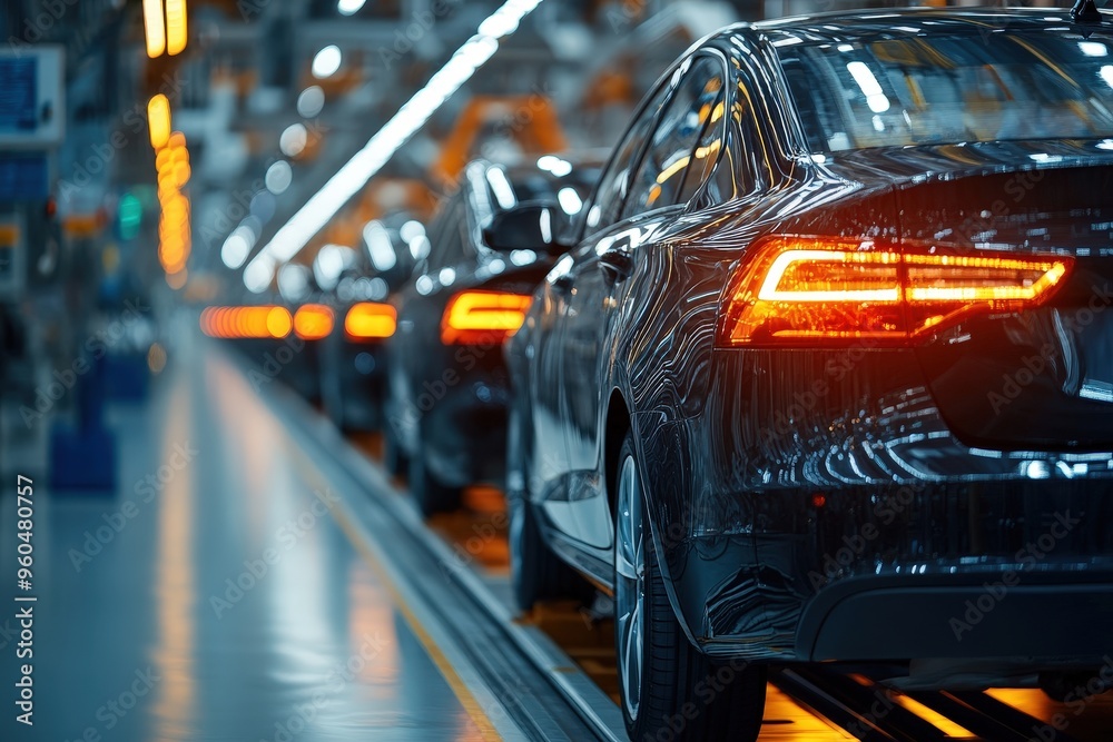 Poster Several sleek cars are lined up on an assembly line in a modern factory, illuminated by overhead lights. Workers are focused on completing final assembly tasks in a busy environment