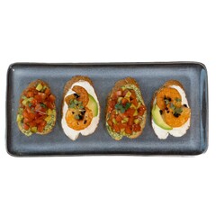 Gourmet Shrimp and Avocado Crostini with Fresh Tomato Salsa on Elegant Slate Plate