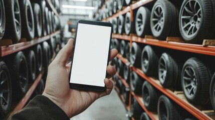 A hand displays a smartphone with a blank screen in a tire storage area. The background reveals numerous racks filled with various tire sizes, highlighting a busy warehouse environment