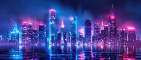 Neon Cityscape Reflected in Water