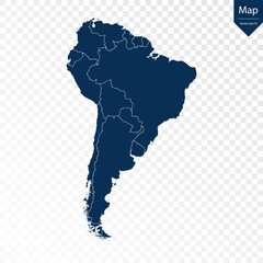 Transparent - High Detailed Blue Map of South America. Vector eps10.	
