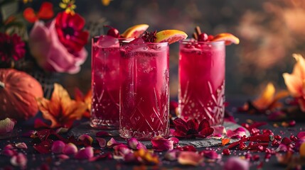 Energizing crimson mary and squash beverage with a magenta theme