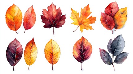 Obraz premium Hand-painted autumn leaves in watercolor with ink accents, arranged for branding, invitations, and craft projects.