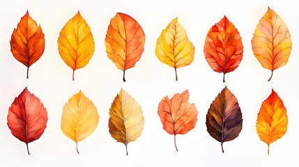 Obraz premium Hand-painted autumn leaves in watercolor with ink accents, arranged for branding, invitations, and craft projects.
