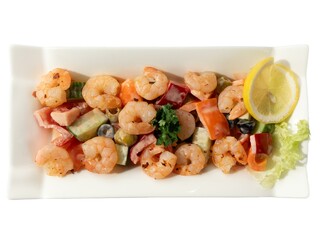 Exquisite Shrimp Salad on Elegant White Plate with Fresh Lemon Garnish