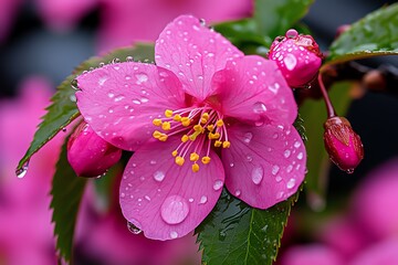 Blossoms, on a rainy day, fresh and clean stand out brightly against the gray sky
