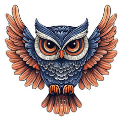 Fototapeta premium Colorful owl with outstretched wings in flight, cut out - stock png.