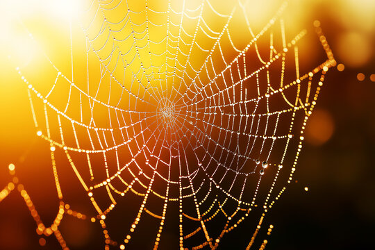 Close up of spider web with dew drops in morning sunshine, texture background
