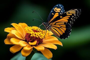 Fototapeta premium Butterflies and zinnias, colorful landing spots, nectar sips create a lively garden scene
