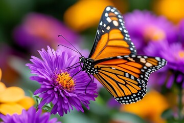 Naklejka premium Butterflies on asters, late-season blooms, gentle landings bring a touch of life to autumn gardens