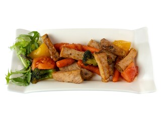Delicious Stir-Fried Vegetables and Pork on Elegant White Platter