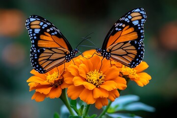 Fototapeta premium Butterflies on marigolds, bright orange blooms, fluttering wings create a lively and colorful garden scene