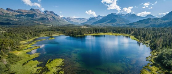 Obraz premium Tranquil Mountain Lake from Above - Aerial View of Serene Water Landscape with Surrounding Peaks