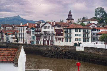 Typical architecture of houses in Saint-Jean-de-Luz in the Basque country in France by the sea