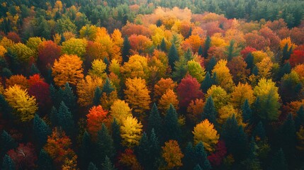 A drone shot of an autumn landscape, capturing the beauty of trees covered in rich, brightly colored foliage.