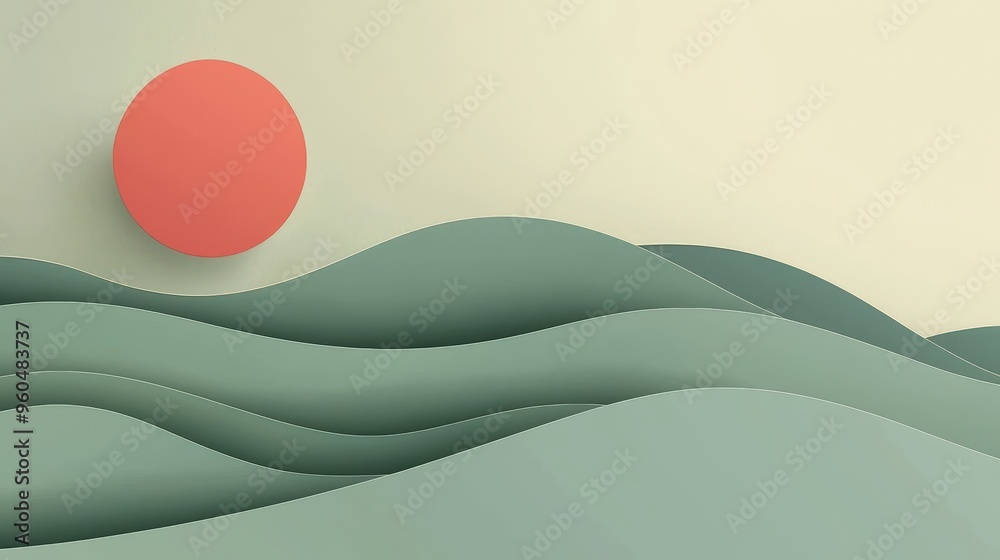 Aufkleber soft waves undulate across the background, while a large orange sun sets gently, casting a warm glow