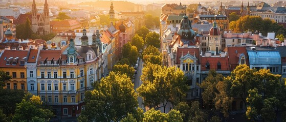 Fototapeta premium Urban Tapestry: Aerial View of Diverse Cityscape Blending Historic and Modern Architecture