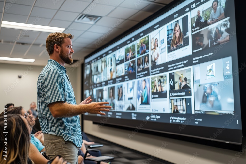 Poster A presenter stands in front of an audience, delivering a presentation in a well-equipped conference room with a large digital display showcasing multiple video thumbnails