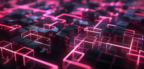 Obraz premium Abstract black and pink background with glowing geometric shapes forming an intricate maze or labyrinth