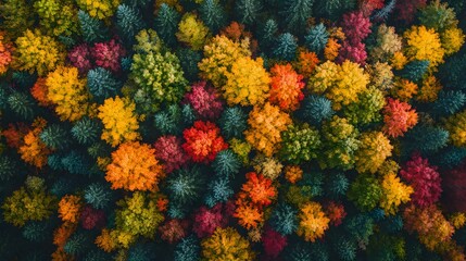 Obraz premium A top-down shot of a forest in peak autumn colors, showcasing the brilliant mix of fall foliage.
