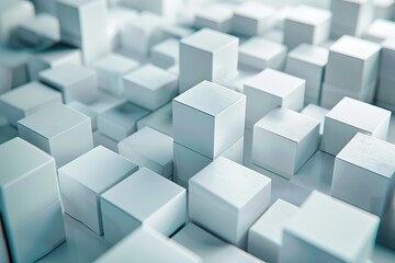 Random shifted white cube boxes block background wallpaper banner with copy space, abstract, drone, telephoto, evening, artistic, digital, hyperrealism, dramatic lighting