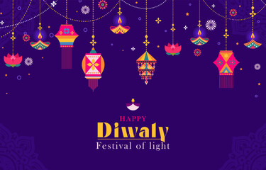 Happy Diwali Hindu festival horizontal banner, greeting card, cover