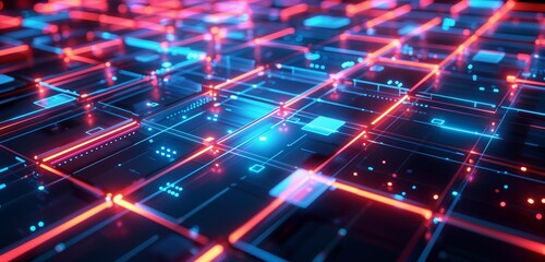 Obraz premium 3D rendering of a digital, glowing data and technology background with a circuit board