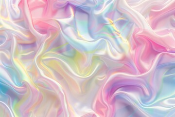 Fototapeta premium Holographic pastel rainbow satin fabric background, abstract wavy liquid silk texture with hologram effect for design of packaging