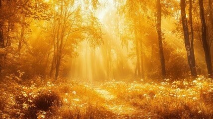 Obraz premium Ethereal Golden Autumn Forest Landscape with Sunlit Path Through the Lush Foliage