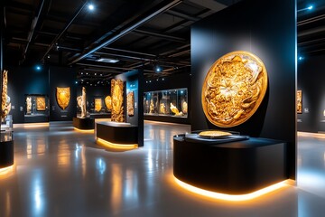 History museum exhibit on the Renaissance with famous paintings and sculptures, illustrated in a scene where iconic Renaissance artworks are displayed, surrounded by soft ambient lighting that