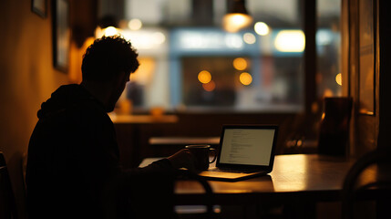 Man working on his laptop in a coffee shop, dark moody lighting