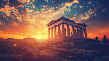 Obraz premium Breathtaking Sunset Over Iconic Ancient Greek Temple Ruins in Scenic Landscape