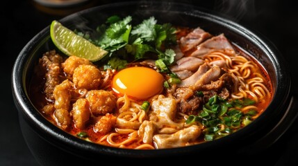 Spicy Asian Noodle Soup with Vibrant Ingredients in a Bowl