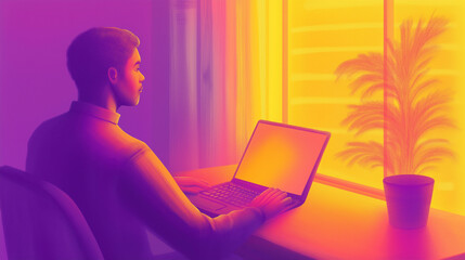 Man working on a laptop at home illustration
