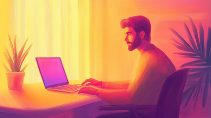 Man working on a laptop at home illustration