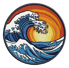 Colorful embroidered wave with sunset backdrop, cut out - stock png.