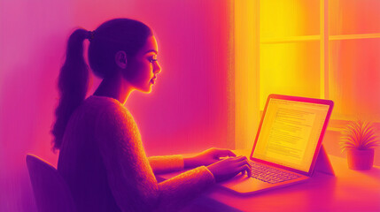 Woman working on a laptop at home illustration
