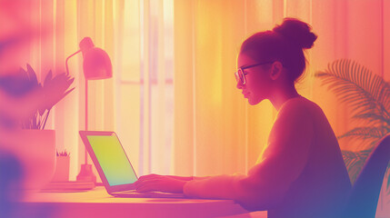 Woman working on a laptop at home illustration