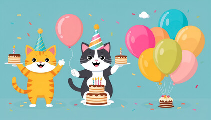 cute cartoon cat with cake, birthday flat design illustration