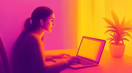 Woman working on a laptop at home illustration