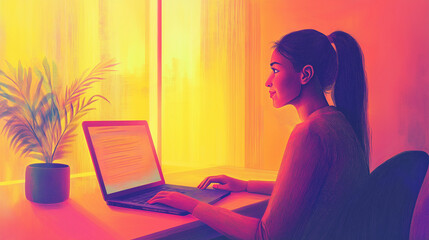 Woman working on a laptop at home illustration