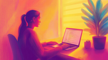 Woman working on a laptop at home illustration