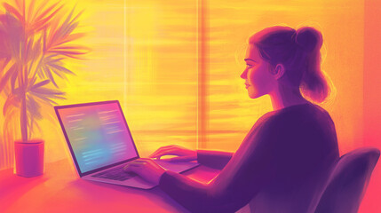 Woman working on a laptop at home illustration