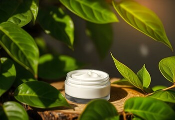 A blank makeup cream mockup placed on an elevated wooden surface surrounded by vibrant green leaves and soft sunlight filtering through create with ai
