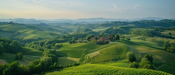 Fototapeta premium Serene Aerial Landscape of Idyllic Countryside with Rolling Hills and Green Fields
