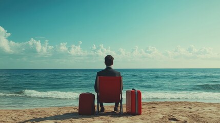 image illustrating work-life balance, with a person, suitcase symbolizing work, and a beach chair symbolizing leisure