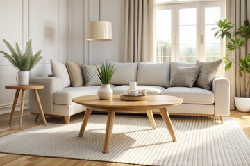 Modern living room with white sofa and warm natural elements