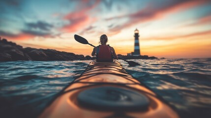 A kayaker boating in shallow rocky sea with lighthouse at sunset
