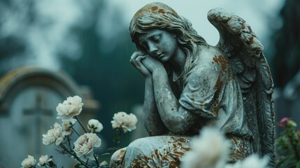Obraz premium Weathered Angel Statue in a Cemetery with a Soft Rain Falling